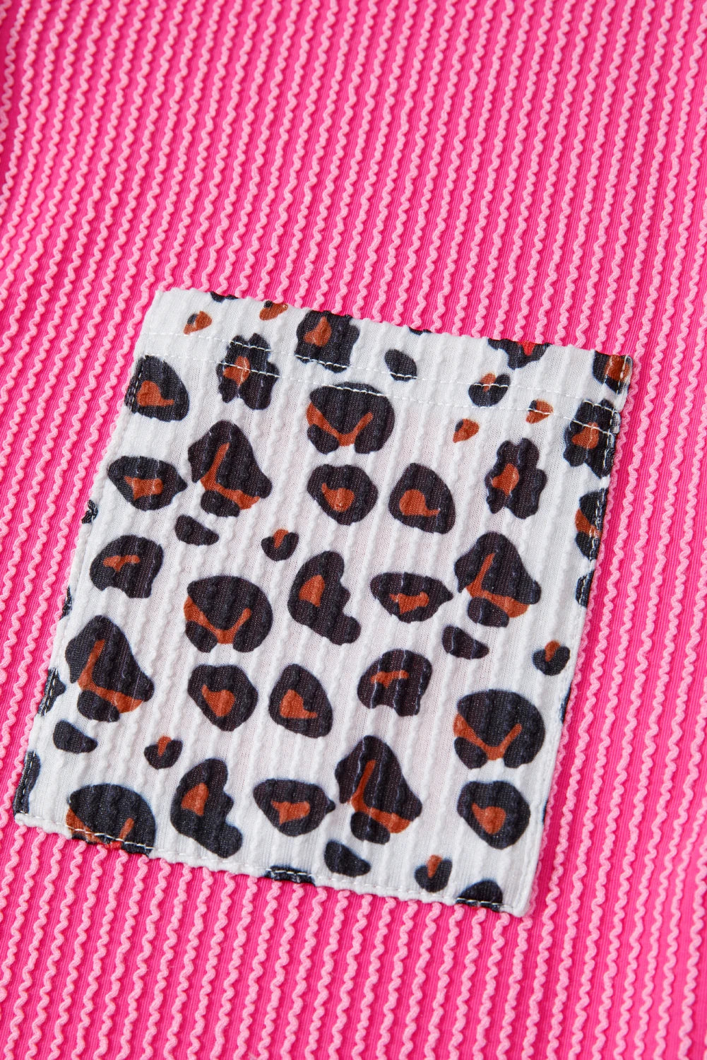 Pink, Leopard-Patched Ribbed Button-Up Long Sleeve Top with Pocket