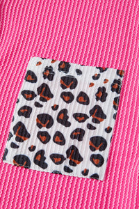 Pink, Leopard-Patched Ribbed Button-Up Long Sleeve Top with Pocket