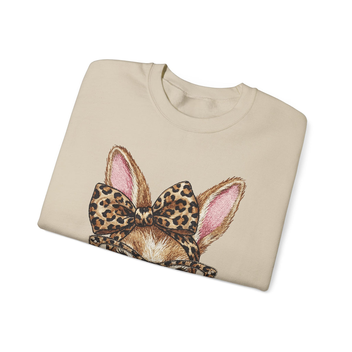 Bunny with Leopard Glasses and Bow – Gildan Heavy Blend | Trendy Women’s Soft Sweatshirt. Direct to Garment. Printed & Shipped in the USA. Unisex Sizes.