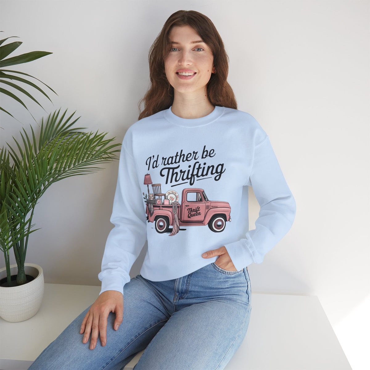 I'd Rather Be Thrifting. Pink Vintage Truck – Gildan Heavy Blend | Trendy Women’s Soft Sweatshirt. Direct to Garment. Printed & Shipped in the USA. Unisex Sizes.