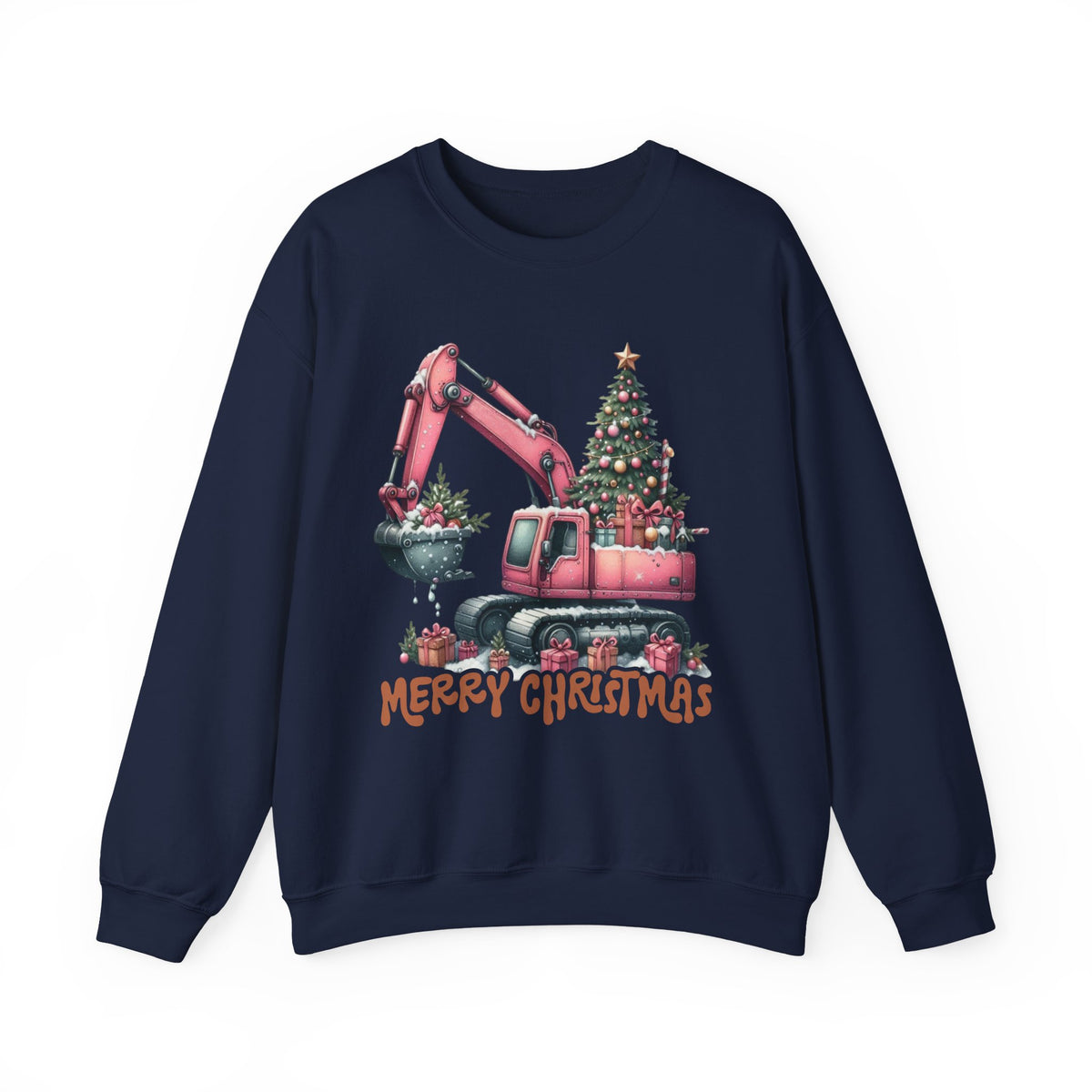 Excavator Merry Christmas Construction – Gildan Heavy Blend | Trendy Women’s Soft Sweatshirt. Direct to Garment. Printed & Shipped in the USA. Unisex Sizes.