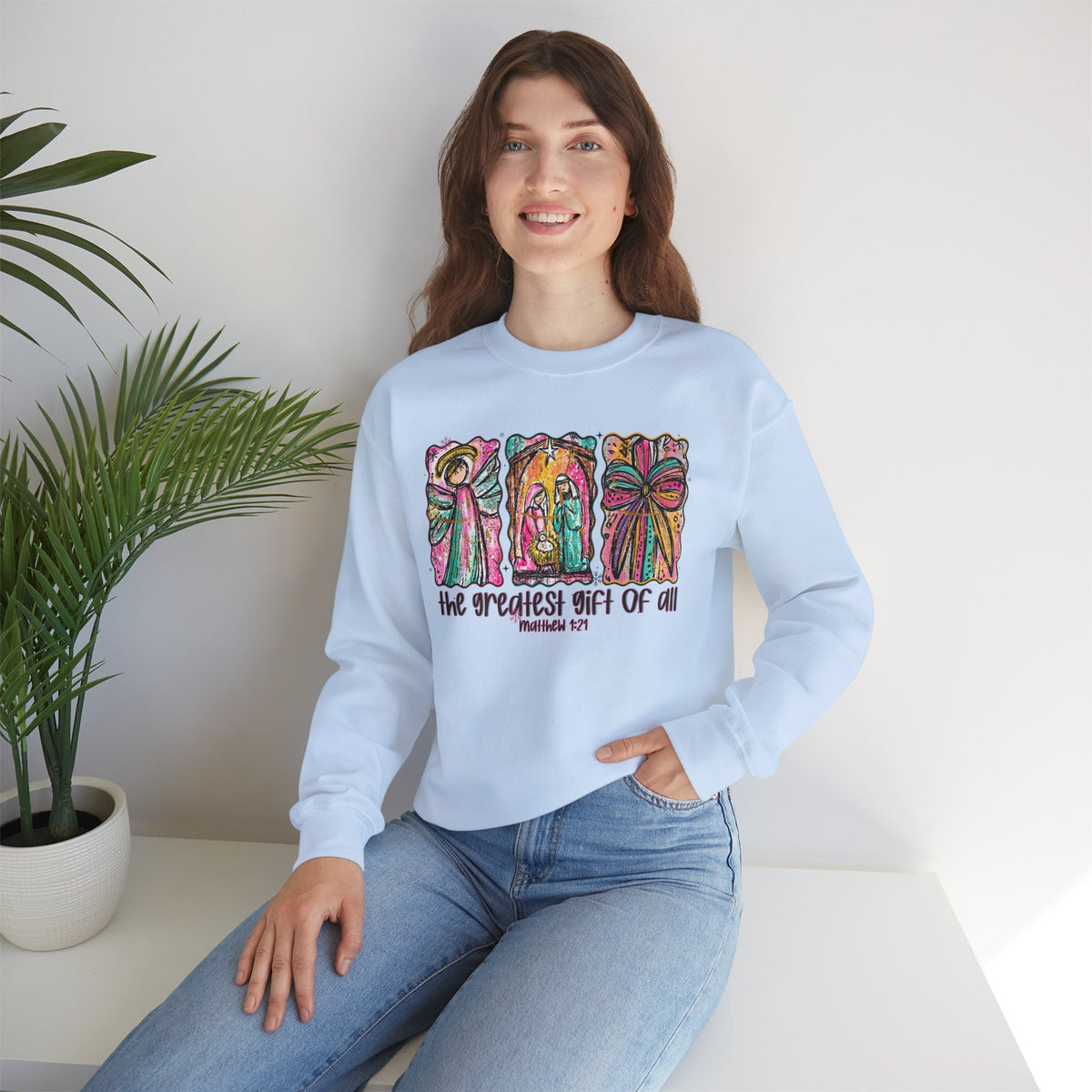The Greatest Gift of All, Christian Tee - Preppy Watercolor – Gildan Heavy Blend | Trendy Women’s Soft Sweatshirt. Direct to Garment. Printed & Shipped in the USA. Unisex Sizes.