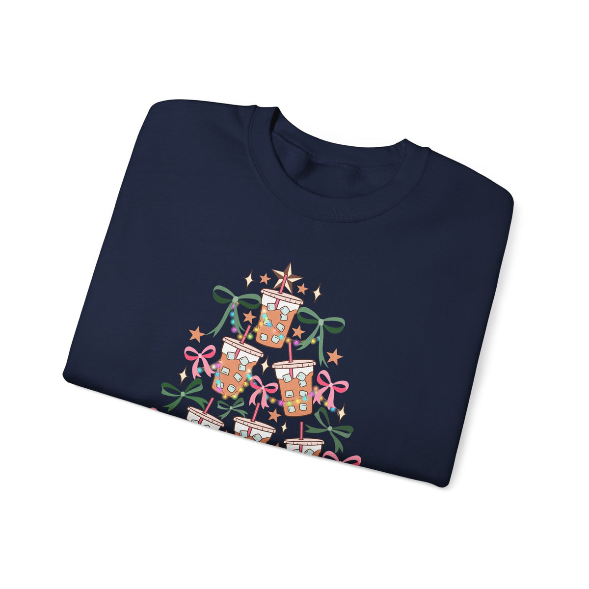 Merry and Caffeinated Iced Coffee Christmas Tree – Gildan Heavy Blend | Trendy Women’s Soft Sweatshirt. Direct to Garment. Printed & Shipped in the USA. Unisex Sizes.