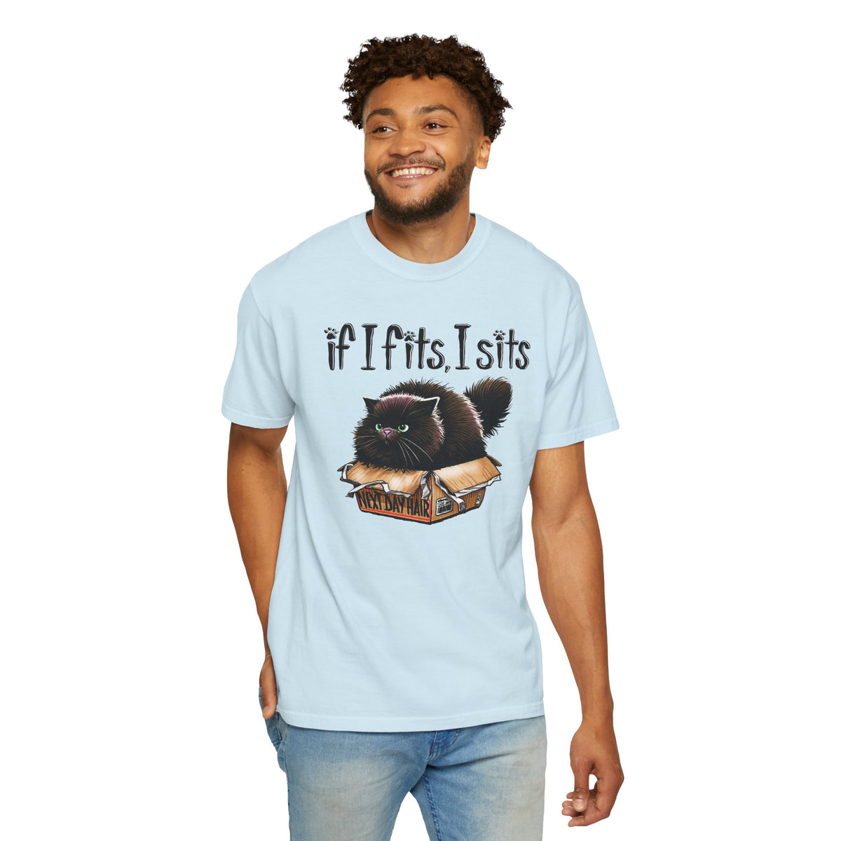 If I Fits I Sits, Cat in a Box - Comfort Colors | Trendy Women's and Men's T-Shirt. Direct to Garment. Printed & Shipped in the USA. Unisex Sizes.