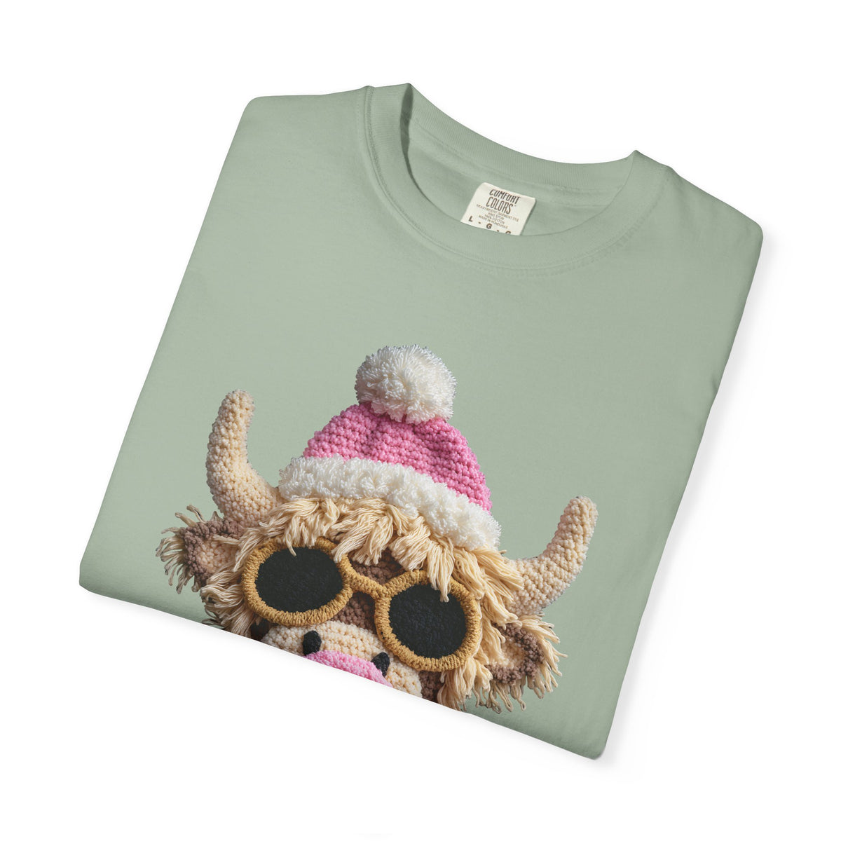 Faux Crochet Highland Cow Bubblegum - Comfort Colors | Trendy Women's T-Shirt. Direct to Garment. Printed & Shipped in the USA. Unisex Sizes.