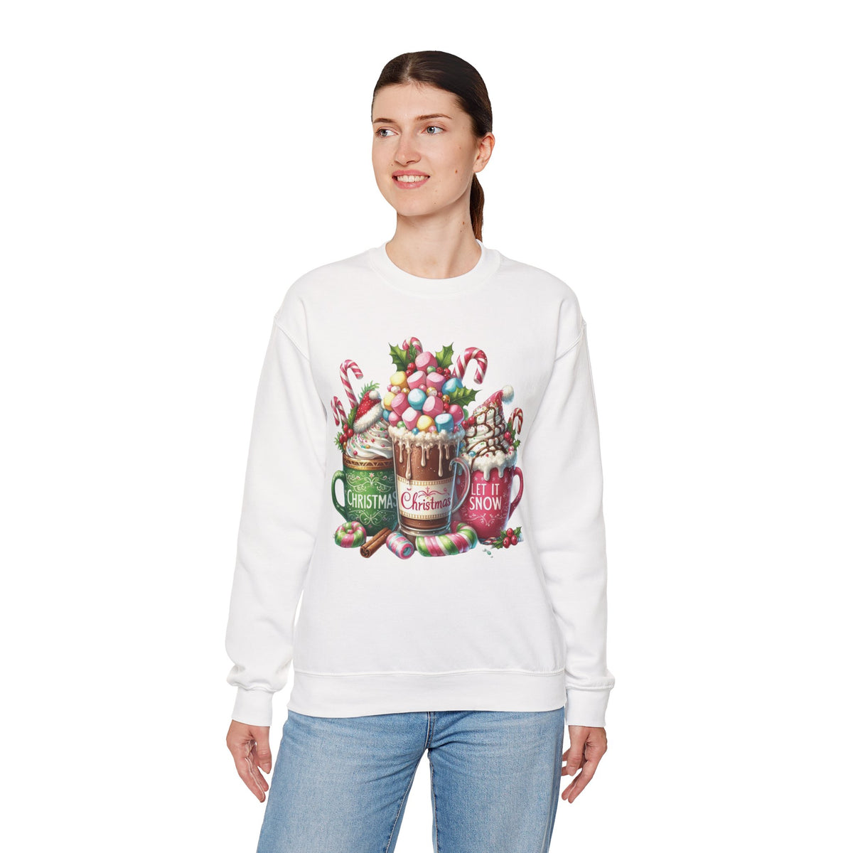 Hot Chocolate Mugs Christmas Hot Cocoa – Gildan Heavy Blend | Trendy Women’s Soft Sweatshirt. Direct to Garment. Printed & Shipped in the USA. Unisex Sizes.