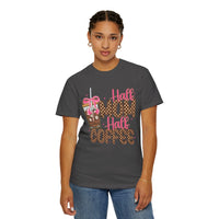 Half Mom Half Coffee. Cute Leopard Print Coffee Design - Comfort Colors | Trendy Women's T-Shirt. Direct to Garment. Printed & Shipped in the USA. Unisex Sizes.