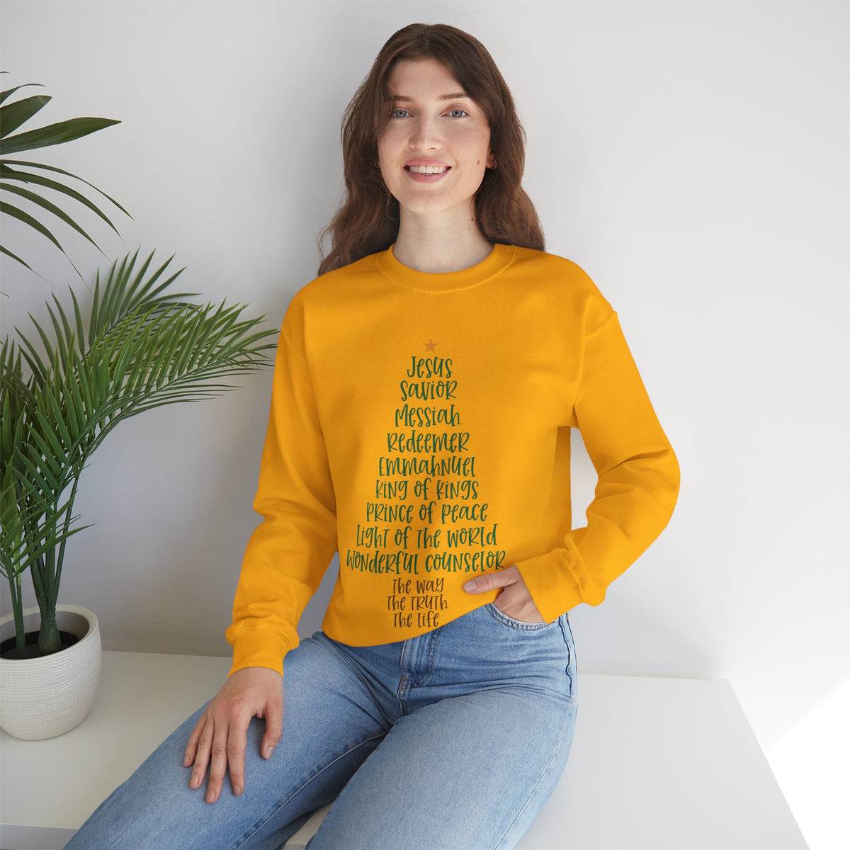 Jesus Names Christmas Tree – Gildan Heavy Blend | Trendy Women’s Soft Sweatshirt. Direct to Garment. Printed & Shipped in the USA. Unisex Sizes.