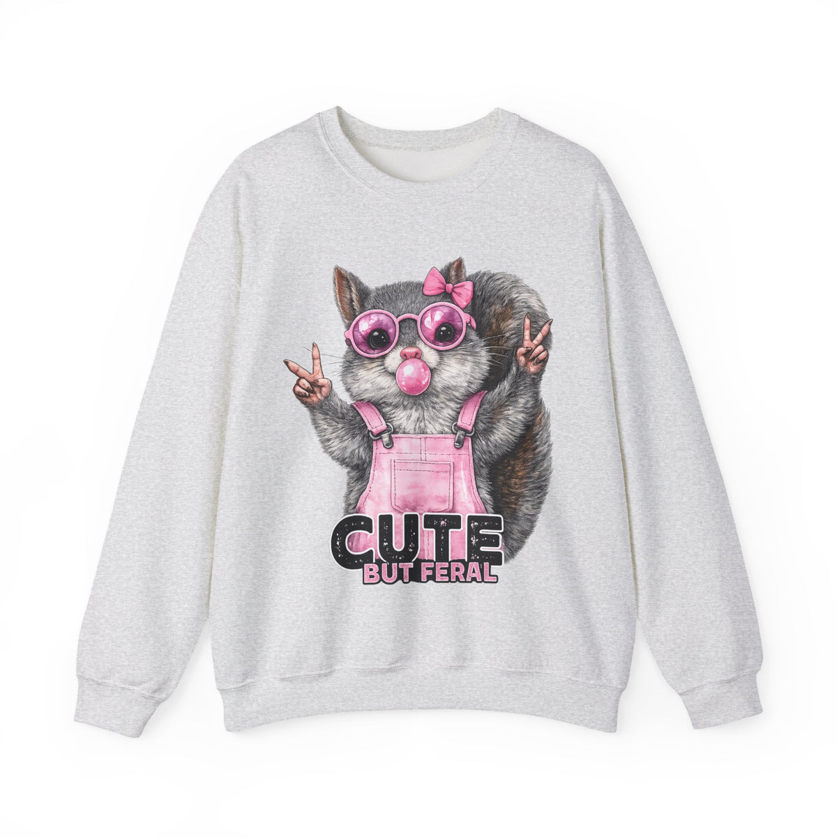 Cute But Feral, Squirrel in Pink Bibs – Gildan Heavy Blend | Trendy Women’s Soft Sweatshirt. Direct to Garment. Printed & Shipped in the USA. Unisex Sizes.