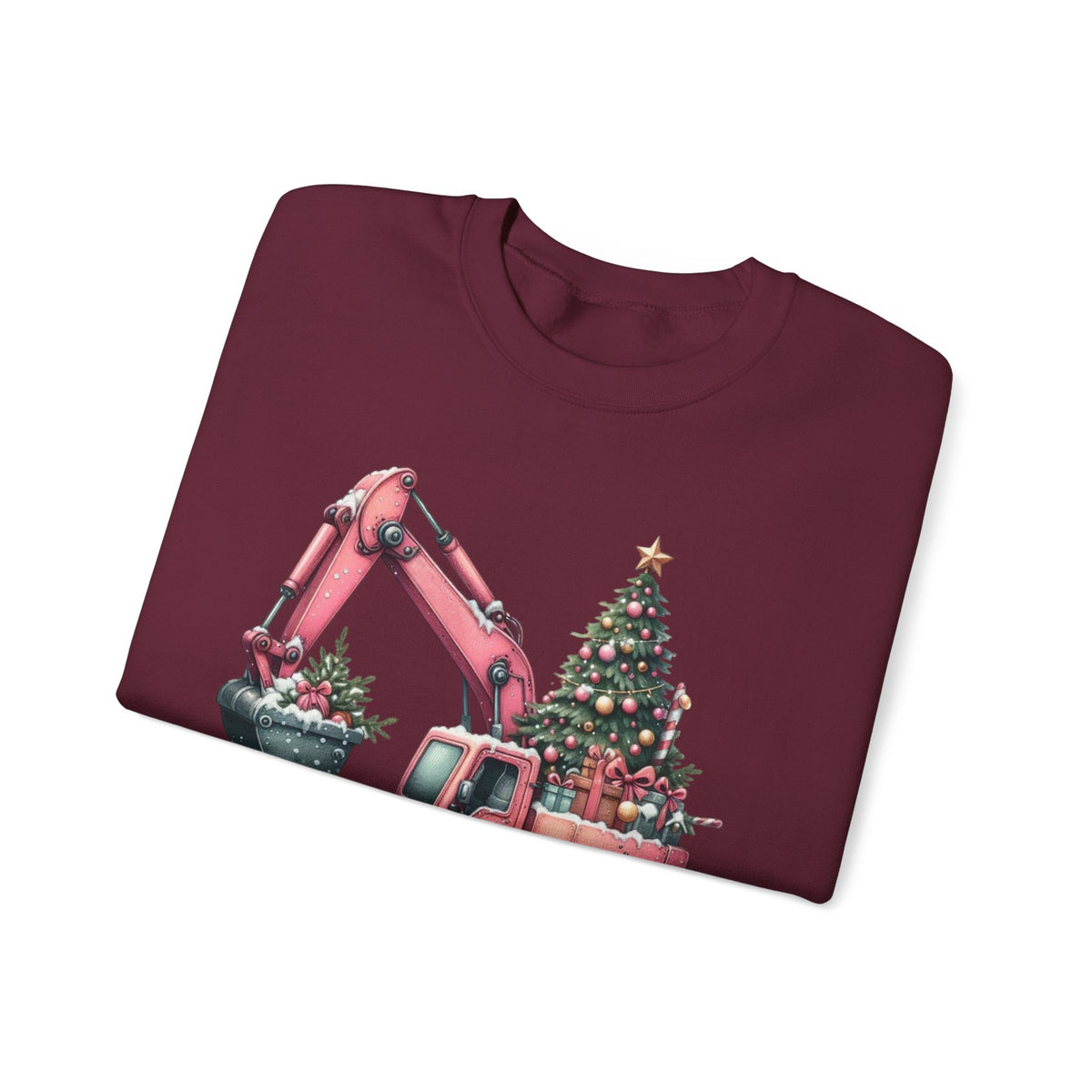 Excavator Merry Christmas Construction – Gildan Heavy Blend | Trendy Women’s Soft Sweatshirt. Direct to Garment. Printed & Shipped in the USA. Unisex Sizes.