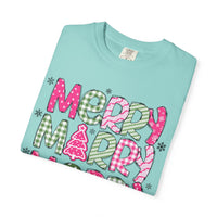 Merry Merry Merry Christmas, Festive Candy Cane & Pink and Green Plaid - Comfort Colors | Trendy Women's T-Shirt. Direct to Garment. Printed & Shipped in the USA. Unisex Sizes.