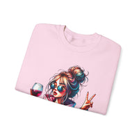 Dramatic Girl With Wine Messy Bun Peace Sign – Gildan Heavy Blend | Trendy Women’s Soft Sweatshirt. Direct to Garment. Printed & Shipped in the USA. Unisex Sizes.
