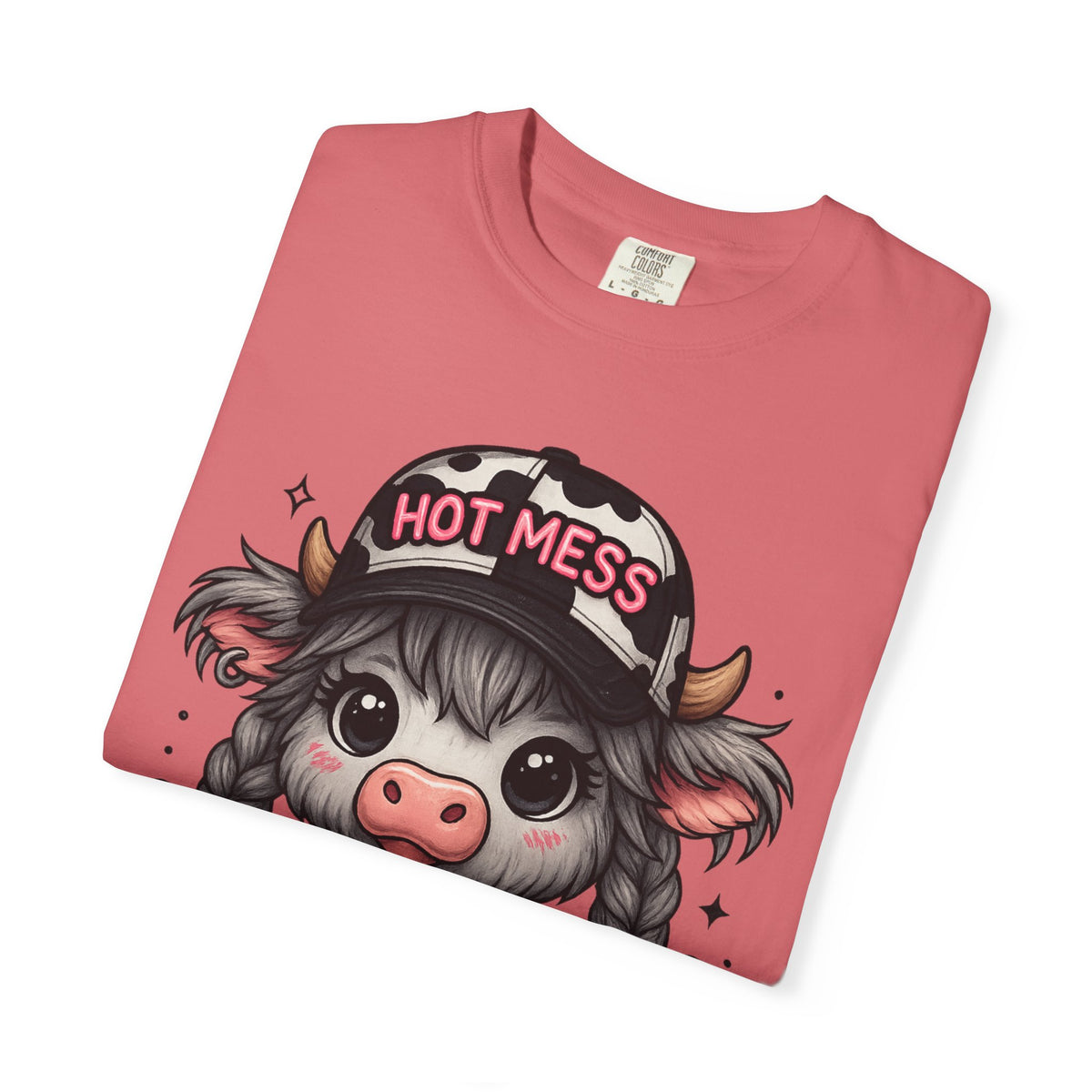Cute Highland Cow 'Hot Mess' In Braids  - Comfort Colors | Trendy Women's T-Shirt. Direct to Garment. Printed & Shipped in the USA. Unisex Sizes.