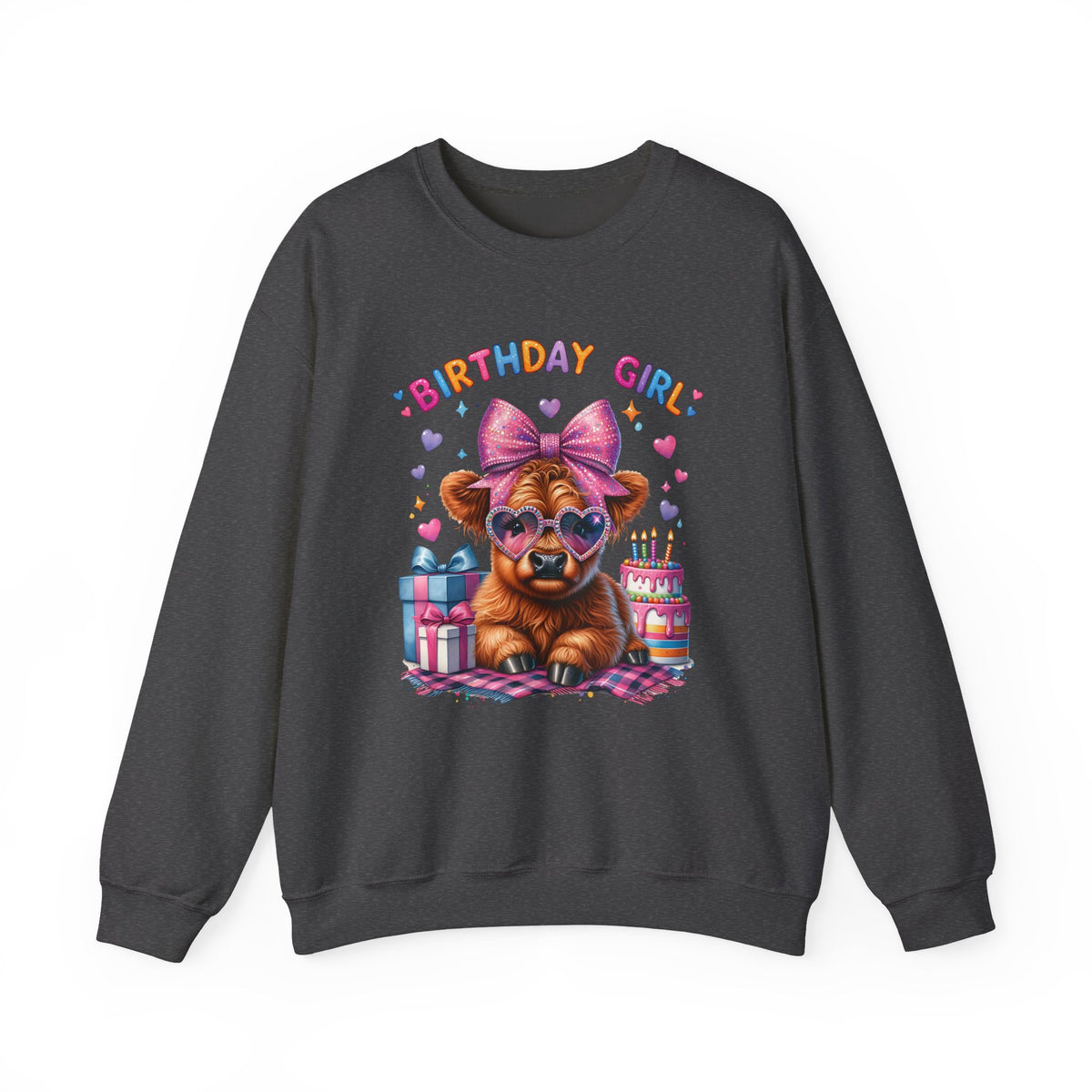Birthday Girl, Highland Cow – Gildan Heavy Blend | Trendy Women’s Soft Sweatshirt. Direct to Garment. Printed & Shipped in the USA. Unisex Sizes.