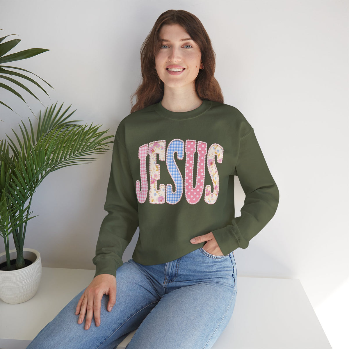 JESUS Pastel Faux Patchwork – Gildan Heavy Blend | Trendy Women’s Soft Sweatshirt. Direct to Garment. Printed & Shipped in the USA. Unisex Sizes.