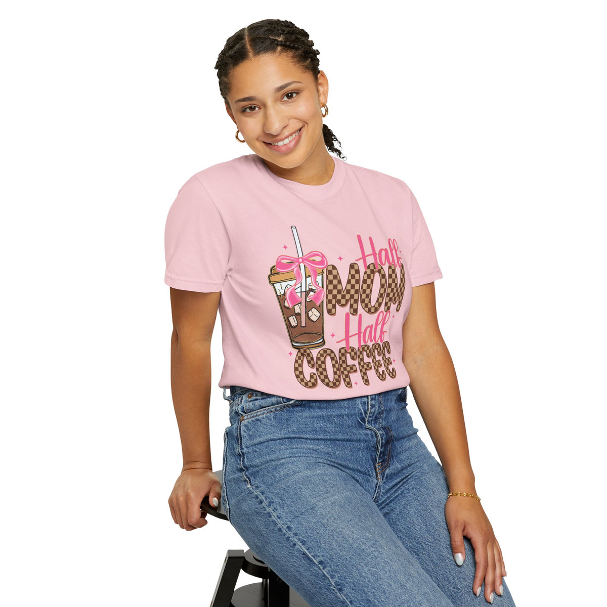 Half Mom Half Coffee. Cute Leopard Print Coffee Design - Comfort Colors | Trendy Women's T-Shirt. Direct to Garment. Printed & Shipped in the USA. Unisex Sizes.