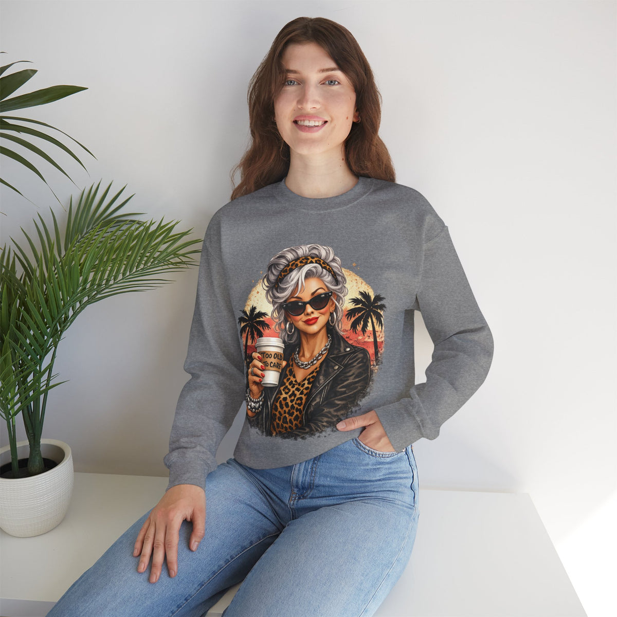 Too Old To Care, Fashionista Grandma – Gildan Heavy Blend | Trendy Women’s Soft Sweatshirt. Direct to Garment. Printed & Shipped in the USA. Unisex Sizes.