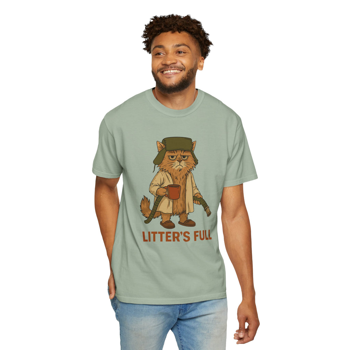 Litter's Full, Funny Cat - Comfort Colors | Trendy Men's and Women's T-Shirt. Direct to Garment. Printed & Shipped in the USA. Unisex Sizes.