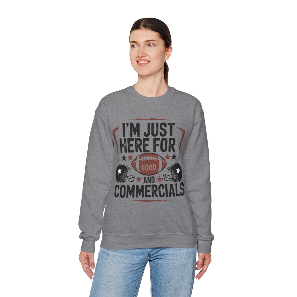 I'm Just Here for Food and Commercials – Gildan Heavy Blend | Trendy Women’s and Men's Soft Sweatshirt. Direct to Garment. Printed & Shipped in the USA. Unisex Sizes.