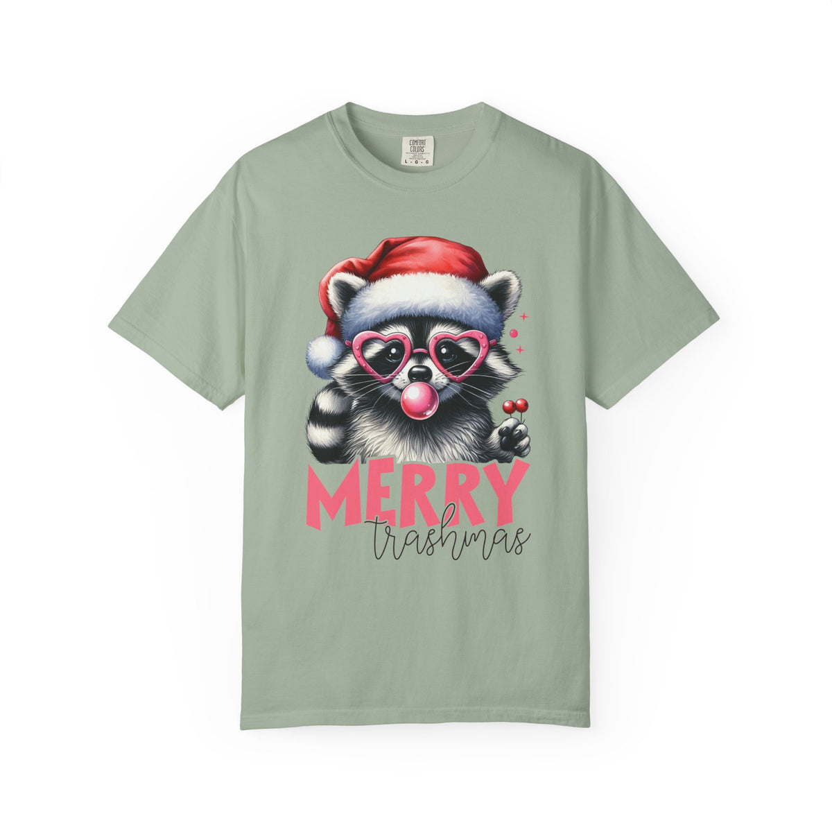 Merry Trashmas Bubblegum Raccoon w/Santa Hat Christmas - Comfort Colors | Trendy Women's T-Shirt. Direct to Garment. Printed & Shipped in the USA. Unisex Sizes.