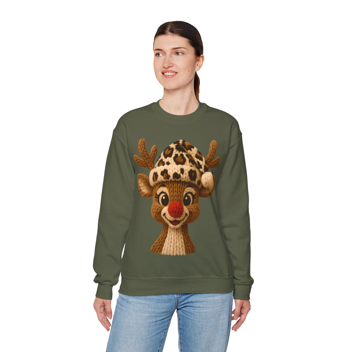 Rudolph Reindeer Leopard Santa Hat Christmas – Gildan Heavy Blend | Trendy Women’s Soft Sweatshirt. Direct to Garment. Printed & Shipped in the USA. Unisex Sizes.