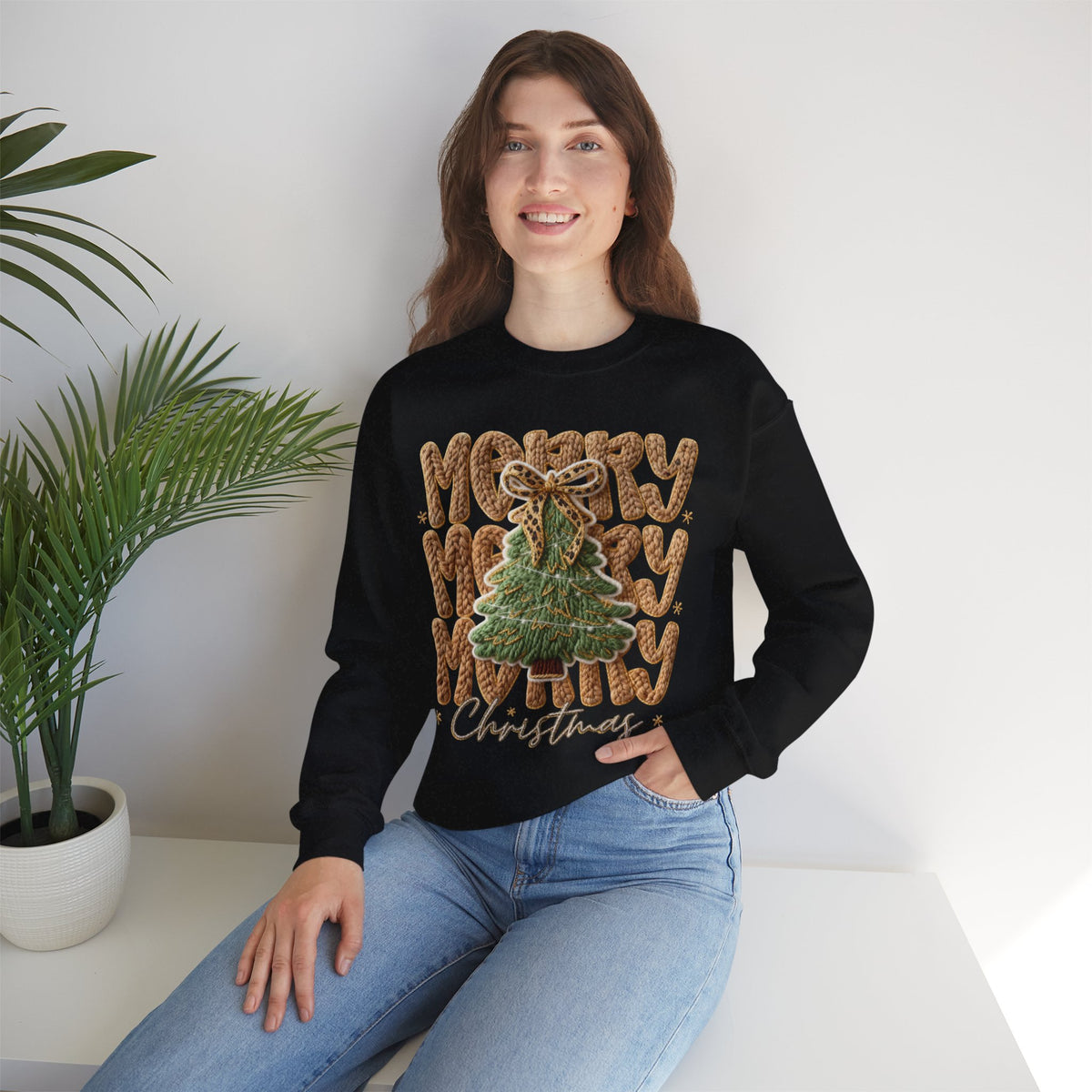 Merry Merry Merry Christmas, Faux Latch Hook Yarn – Gildan Heavy Blend | Trendy Women’s Soft Sweatshirt. Direct to Garment. Printed & Shipped in the USA. Unisex Sizes.