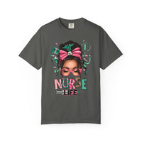 Nurse Life Messy Bun, Cute Stethoscope & Syringe - Comfort Colors | Trendy Women's T-Shirt. Direct to Garment. Printed & Shipped in the USA. Unisex Sizes.