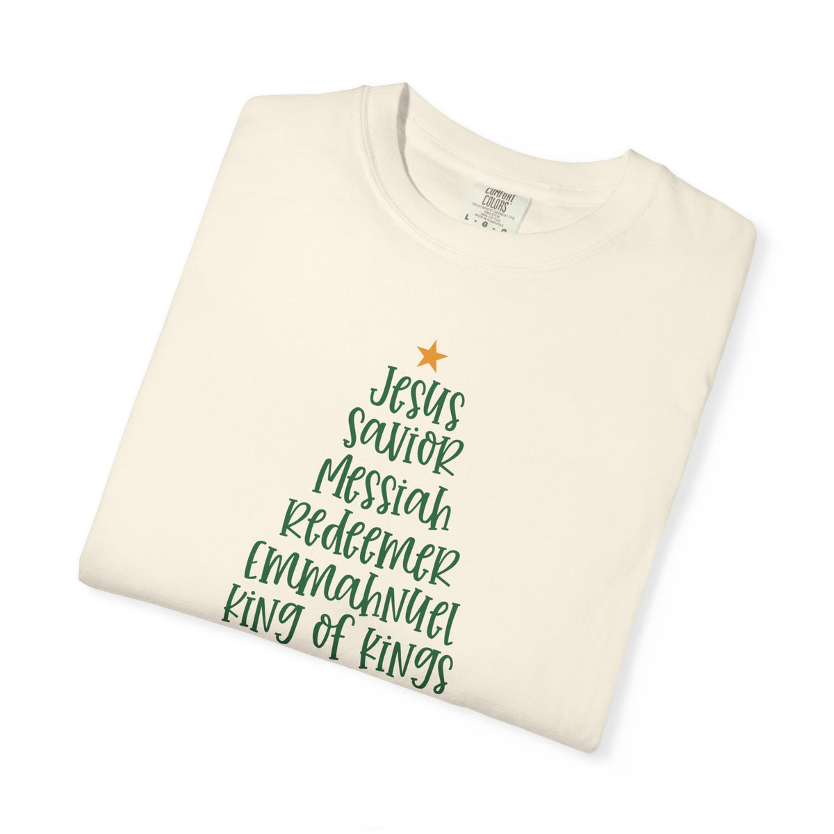 Jesus Name Christmas Tree - Comfort Colors | Trendy Women's T-Shirt. Direct to Garment. Printed & Shipped in the USA. Unisex Sizes.