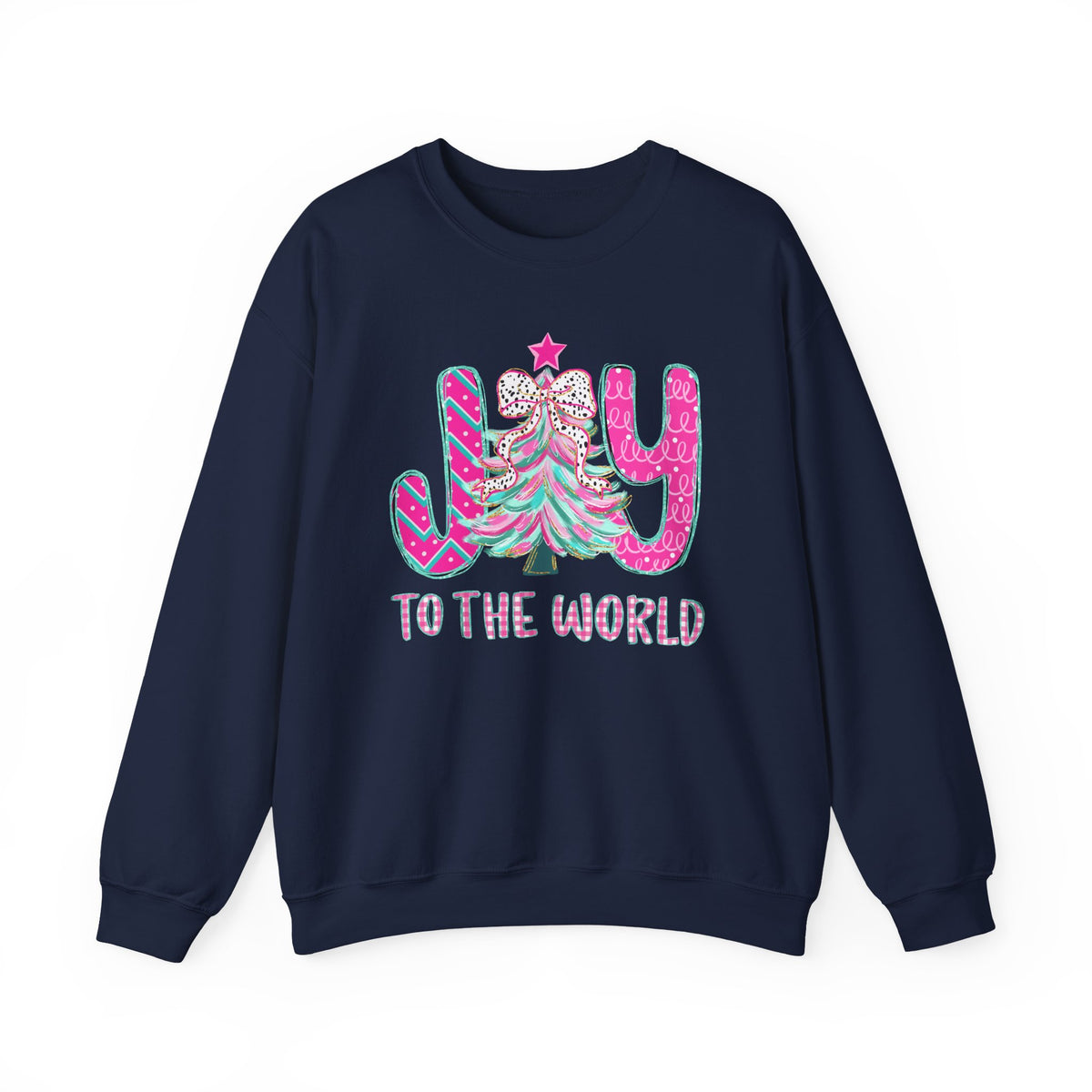 Joy to the World w/Christmas Tree Pink and Teal – Gildan Heavy Blend | Trendy Women’s Soft Sweatshirt. Direct to Garment. Printed & Shipped in the USA. Unisex Sizes.