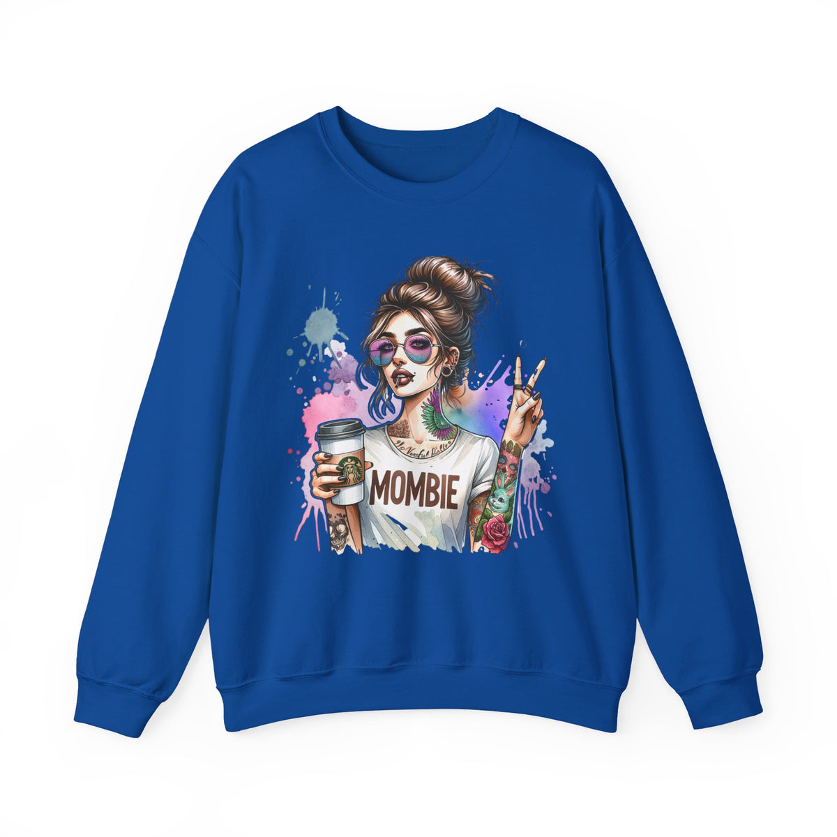 Cool Mombie with Coffee Peace Tattoo - Tired Mom – Gildan Heavy Blend | Trendy Women’s Soft Sweatshirt. Direct to Garment. Printed & Shipped in the USA. Unisex Sizes.