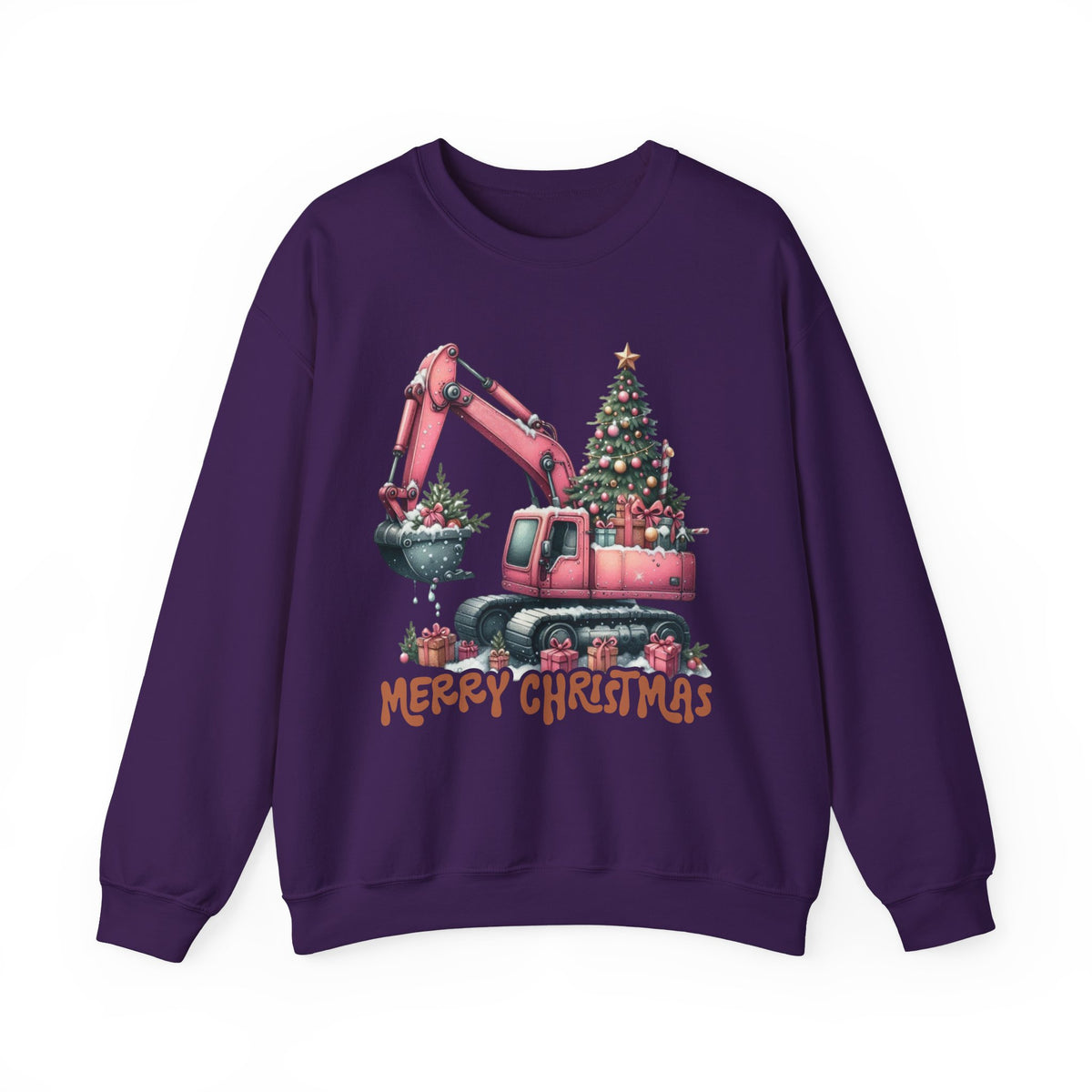 Excavator Merry Christmas Construction – Gildan Heavy Blend | Trendy Women’s Soft Sweatshirt. Direct to Garment. Printed & Shipped in the USA. Unisex Sizes.