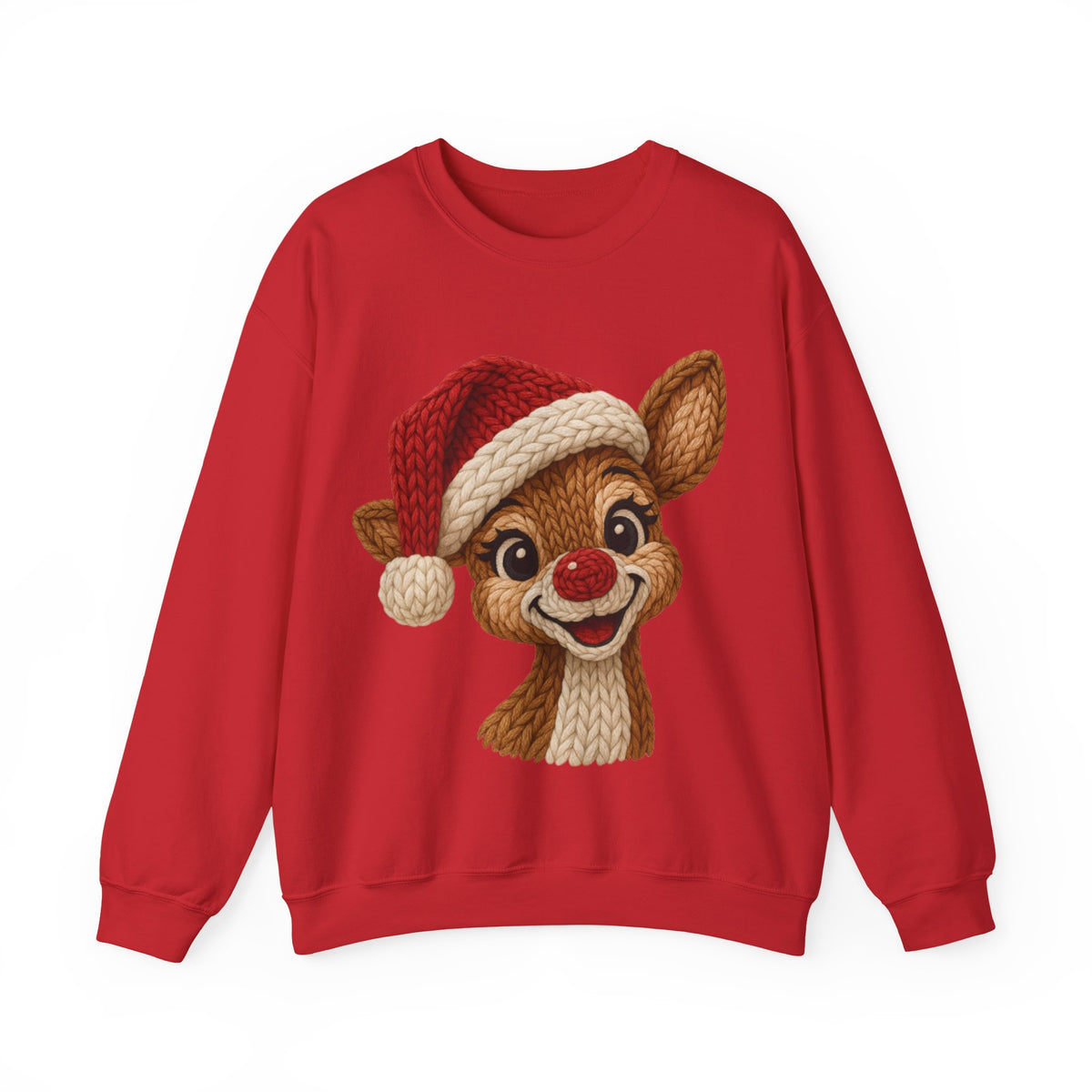 Cute Rudolph Faux Knit Look Reindeer w/Santa Hat – Gildan Heavy Blend | Trendy Women’s Soft Sweatshirt. Direct to Garment. Printed & Shipped in the USA. Unisex Sizes.