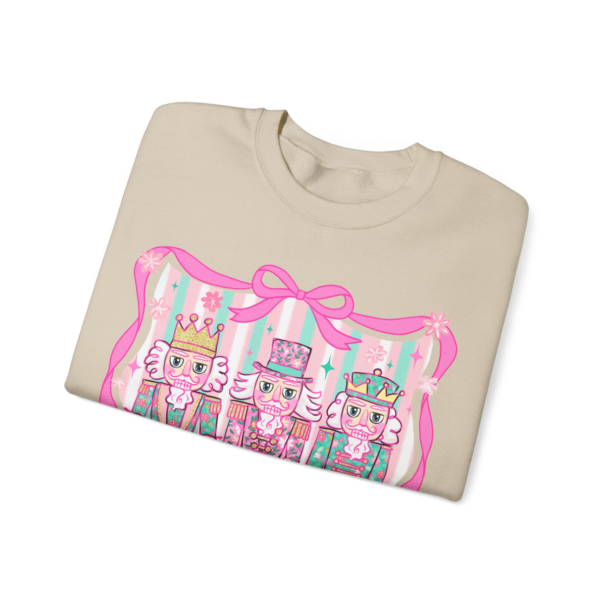 Coquette Pastel Christmas Nutcracker Trio Pink and Green – Gildan Heavy Blend | Trendy Women’s Soft Sweatshirt. Direct to Garment. Printed & Shipped in the USA. Unisex Sizes.
