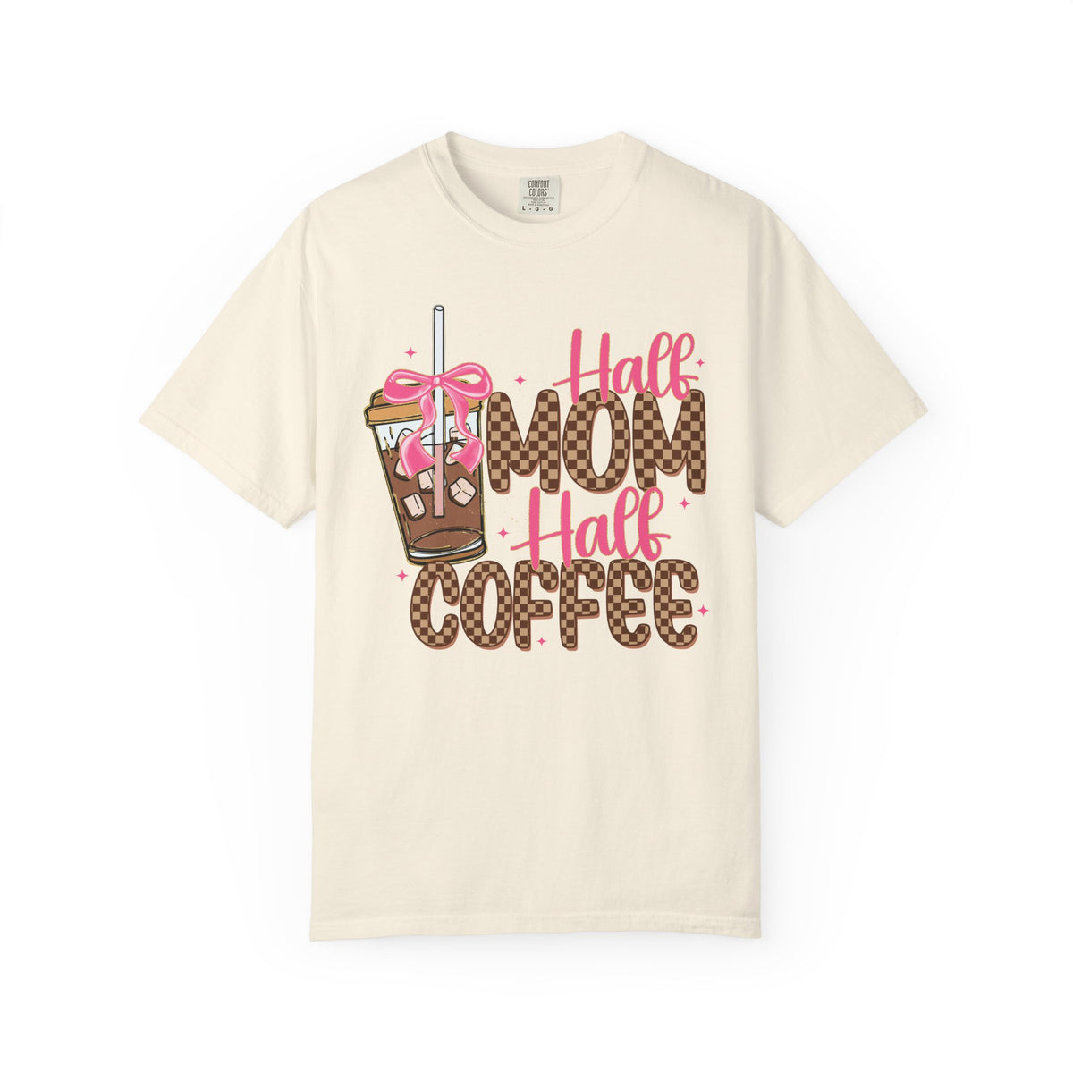Half Mom Half Coffee. Cute Leopard Print Coffee Design - Comfort Colors | Trendy Women's T-Shirt. Direct to Garment. Printed & Shipped in the USA. Unisex Sizes.