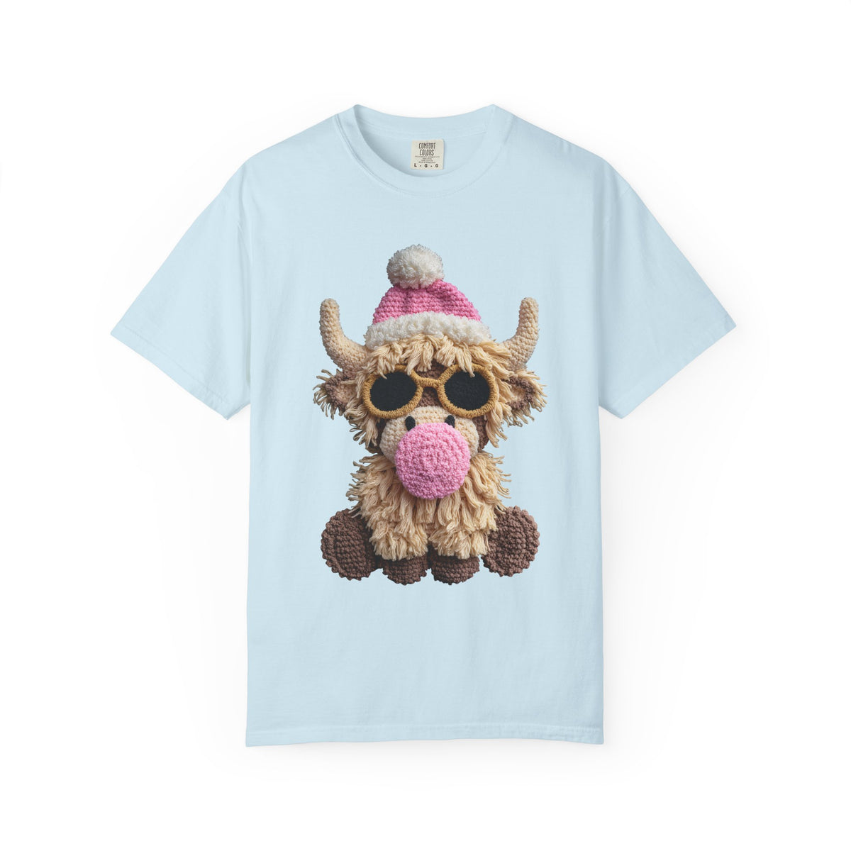Faux Crochet Highland Cow Bubblegum - Comfort Colors | Trendy Women's T-Shirt. Direct to Garment. Printed & Shipped in the USA. Unisex Sizes.