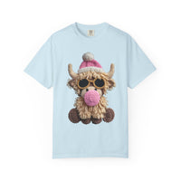 Faux Crochet Highland Cow Bubblegum - Comfort Colors | Trendy Women's T-Shirt. Direct to Garment. Printed & Shipped in the USA. Unisex Sizes.