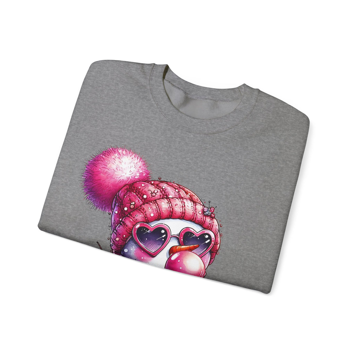 Pink Girly Snowman with Heart Sunglasses and Bubblegum Winter – Gildan Heavy Blend | Trendy Women’s Soft Sweatshirt. Direct to Garment. Printed & Shipped in the USA. Unisex Sizes.