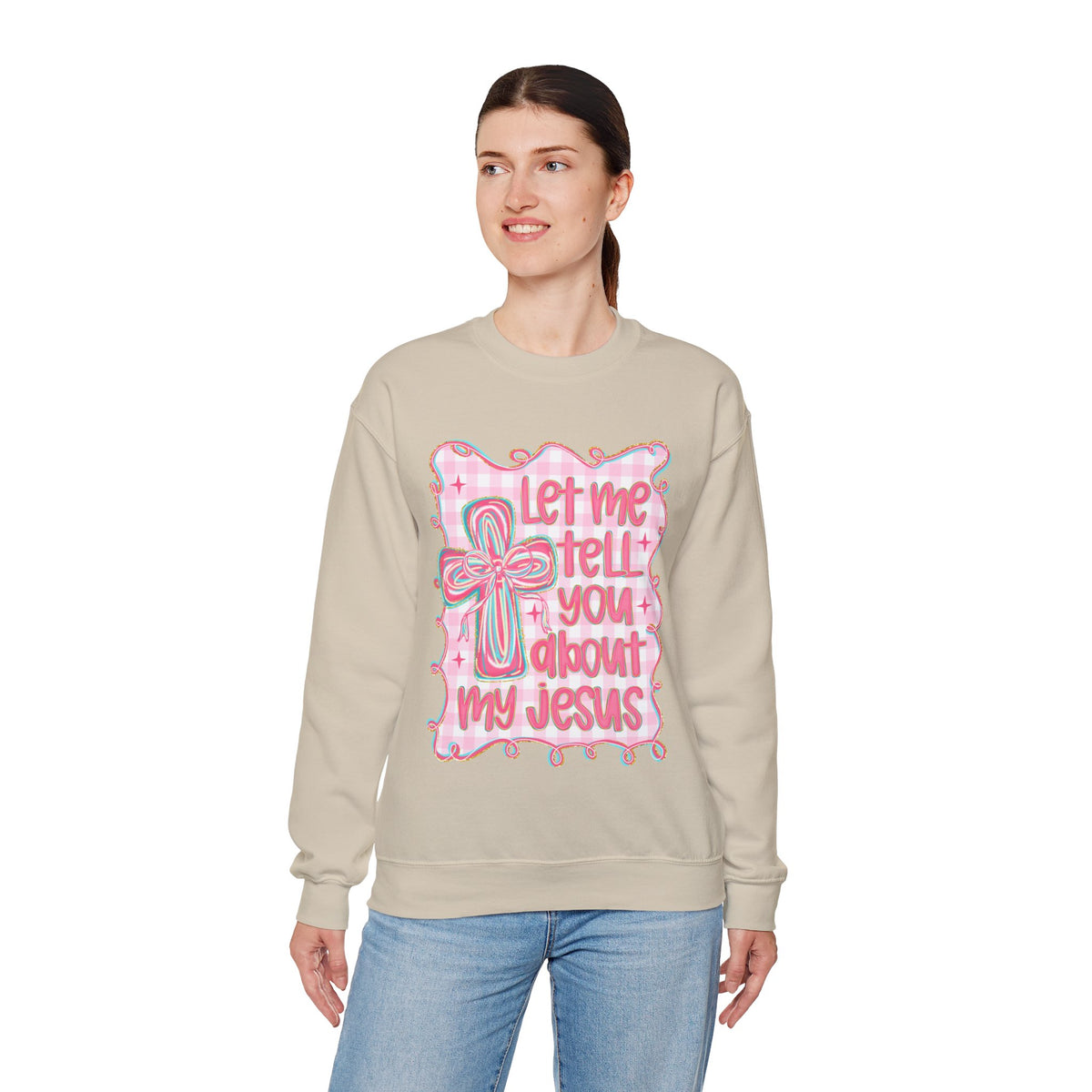 Let Me Tell You About My Jesus, Pink and Green – Gildan Heavy Blend | Trendy Women’s Soft Sweatshirt. Direct to Garment. Printed & Shipped in the USA. Unisex Sizes.
