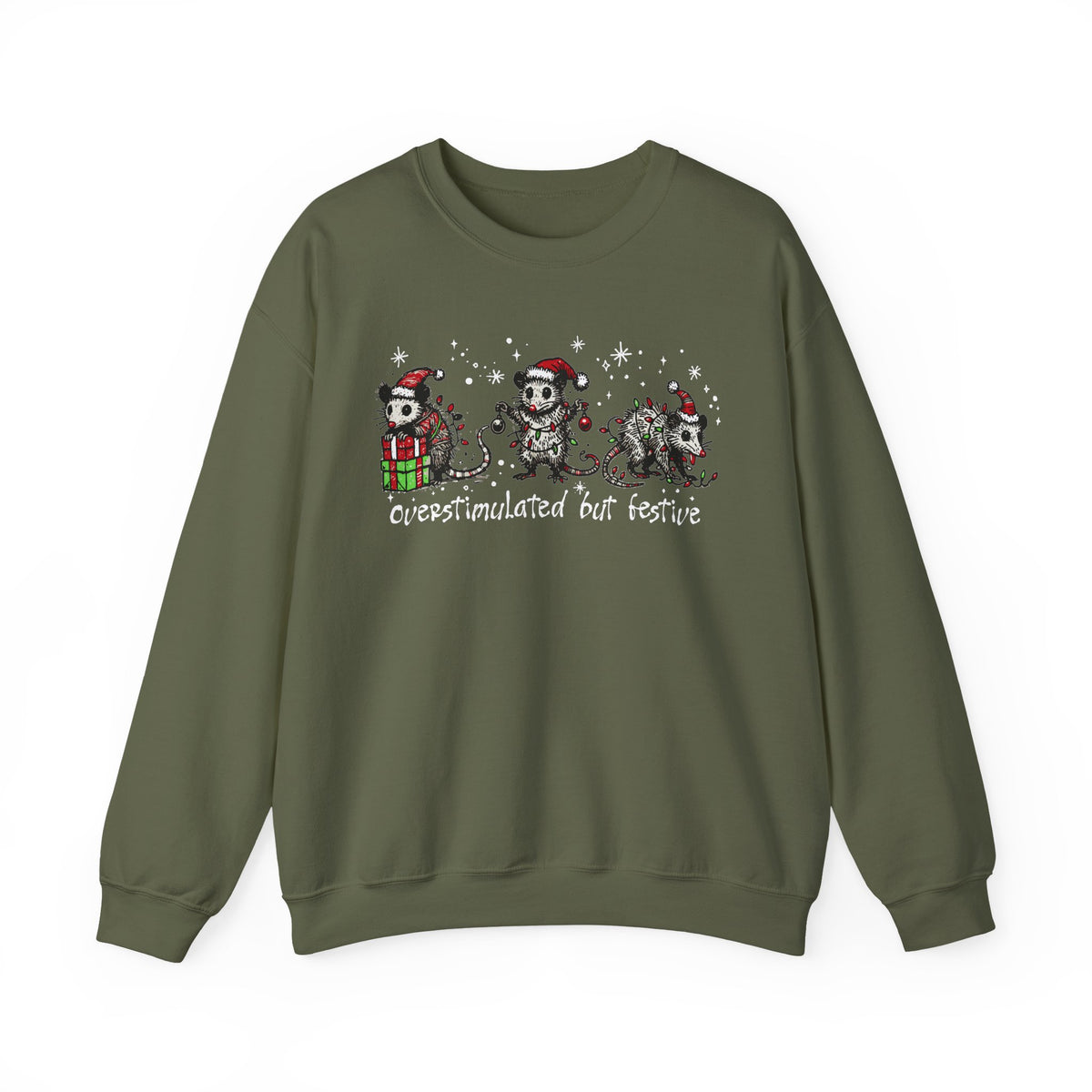 Overstimulated But Festive Christmas Possums – Gildan Heavy Blend | Trendy Women’s and Men's Soft Sweatshirt. Direct to Garment. Printed & Shipped in the USA. Unisex Sizes.