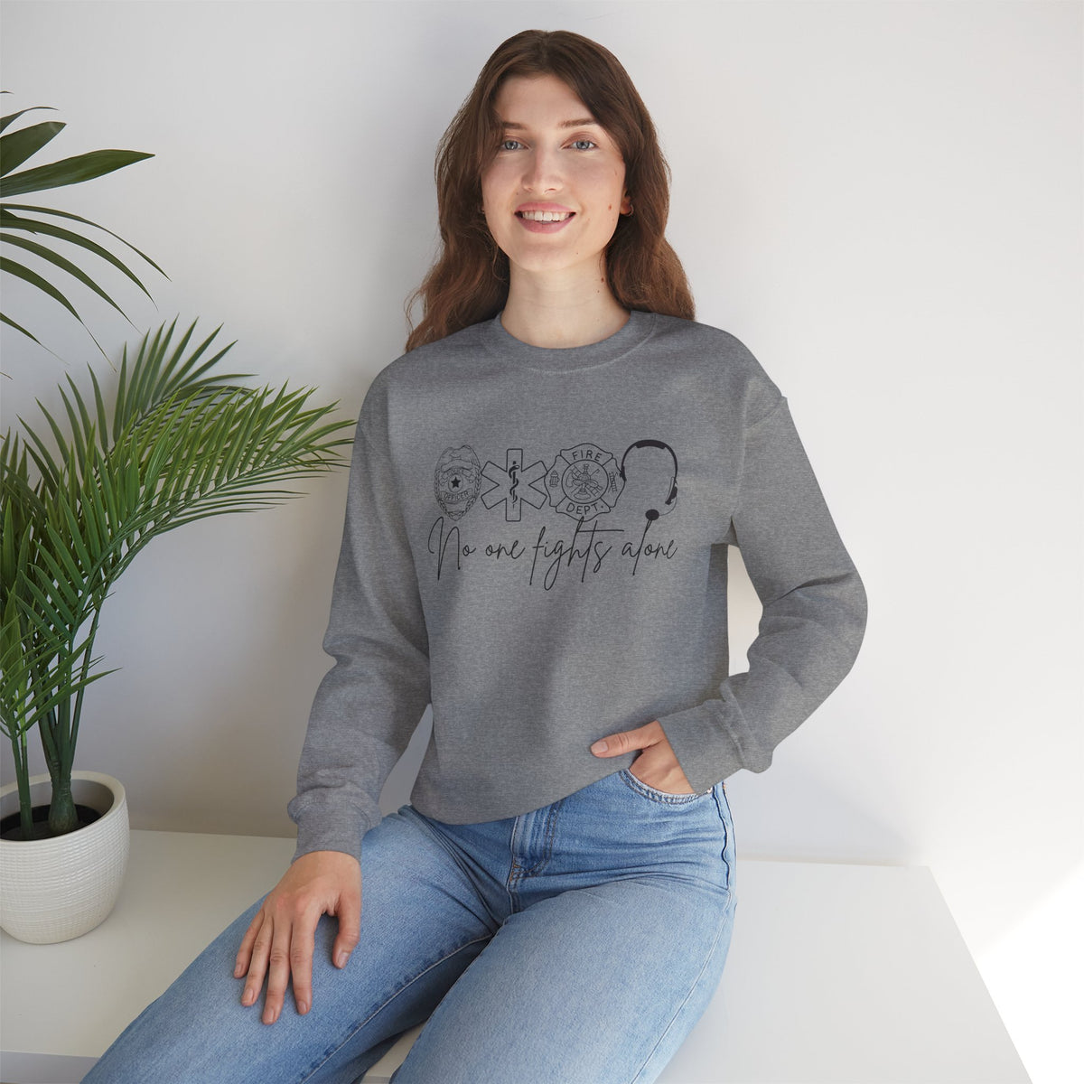 No One Fights Alone, Heroes – Gildan Heavy Blend | Trendy Women’s and Men's Soft Sweatshirt. Direct to Garment. Printed & Shipped in the USA. Unisex Sizes.