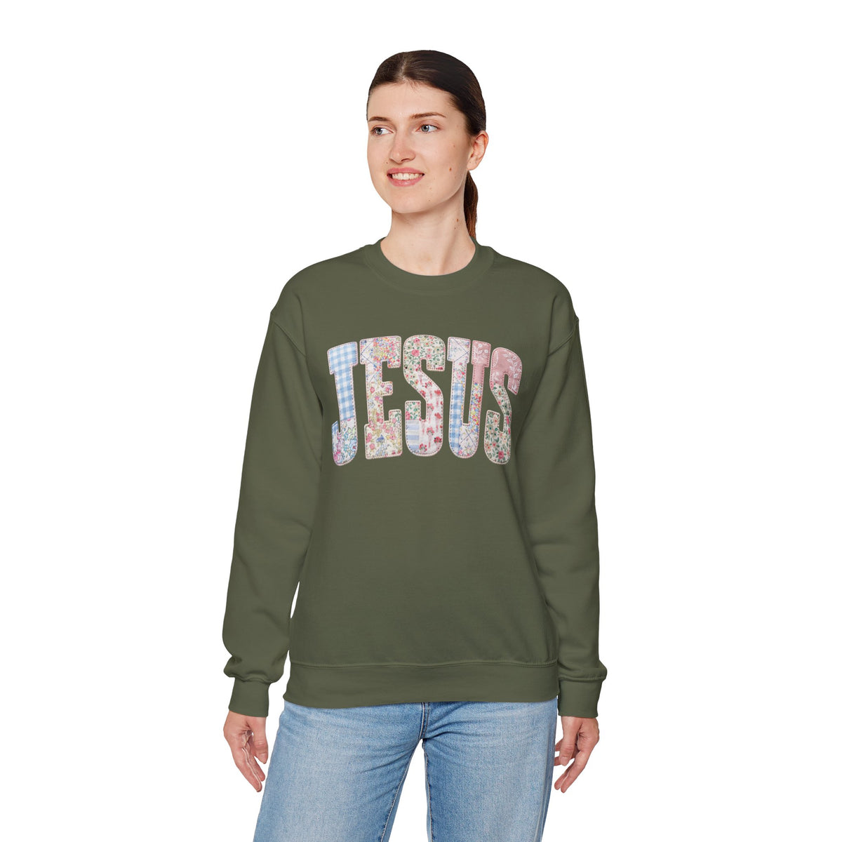 Jesus faux Patchwork – Gildan Heavy Blend | Trendy Women’s Soft Sweatshirt. Direct to Garment. Printed & Shipped in the USA. Unisex Sizes.
