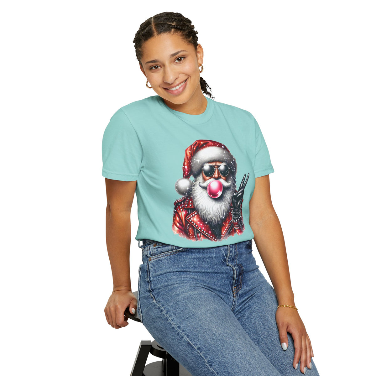 Biker Santa Leather Jacket Bubblegum - Comfort Colors | Trendy Women's and Men's T-Shirt. Direct to Garment. Printed & Shipped in the USA. Unisex Sizes.