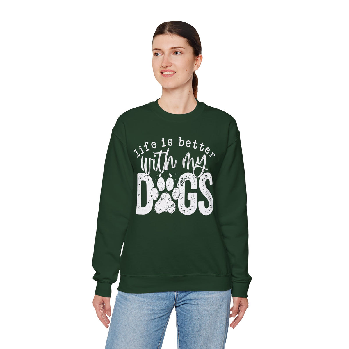 Life Is Better With My Dogs, Distressed – Gildan Heavy Blend | Trendy Women’s and Men's Soft Sweatshirt. Direct to Garment. Printed & Shipped in the USA. Unisex Sizes.