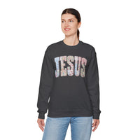 Jesus faux Patchwork – Gildan Heavy Blend | Trendy Women’s Soft Sweatshirt. Direct to Garment. Printed & Shipped in the USA. Unisex Sizes.