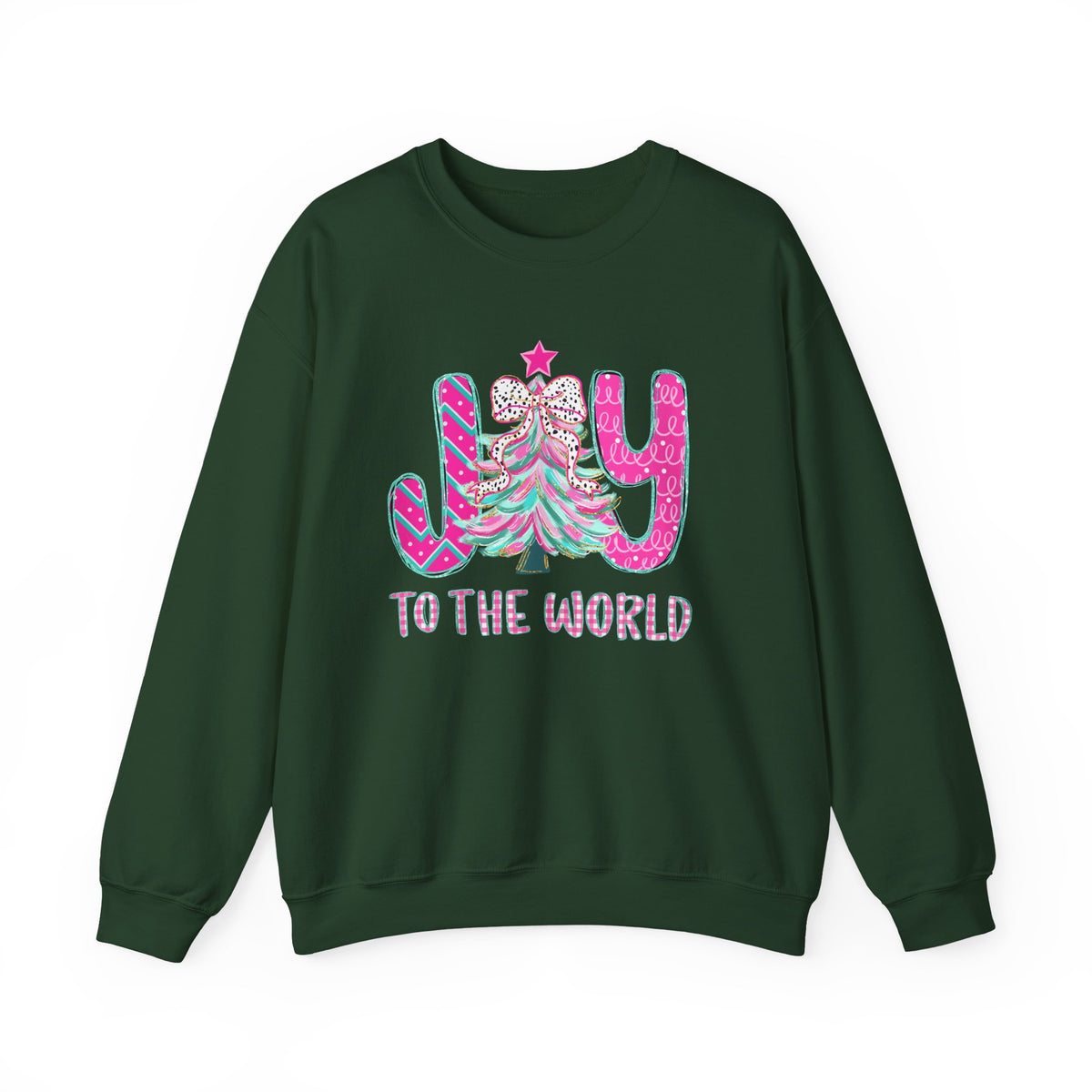 Joy to the World w/Christmas Tree Pink and Teal – Gildan Heavy Blend | Trendy Women’s Soft Sweatshirt. Direct to Garment. Printed & Shipped in the USA. Unisex Sizes.