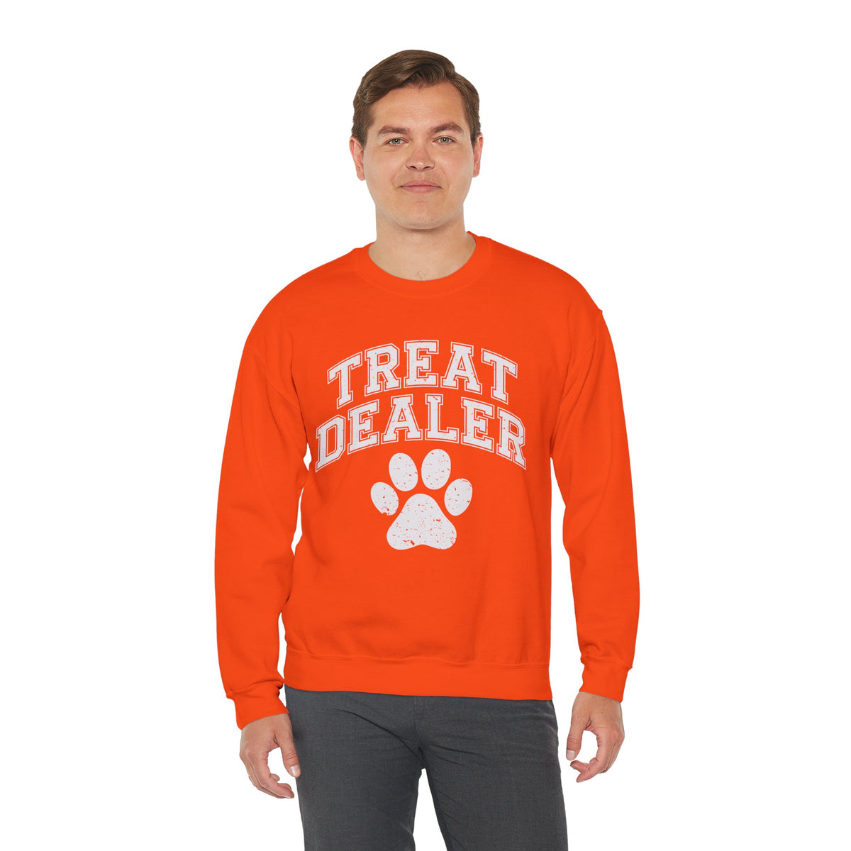 Treat Dealer, Dog Lover – Gildan Heavy Blend | Trendy Men's and Women’s Soft Sweatshirt. Direct to Garment. Printed & Shipped in the USA. Unisex Sizes.