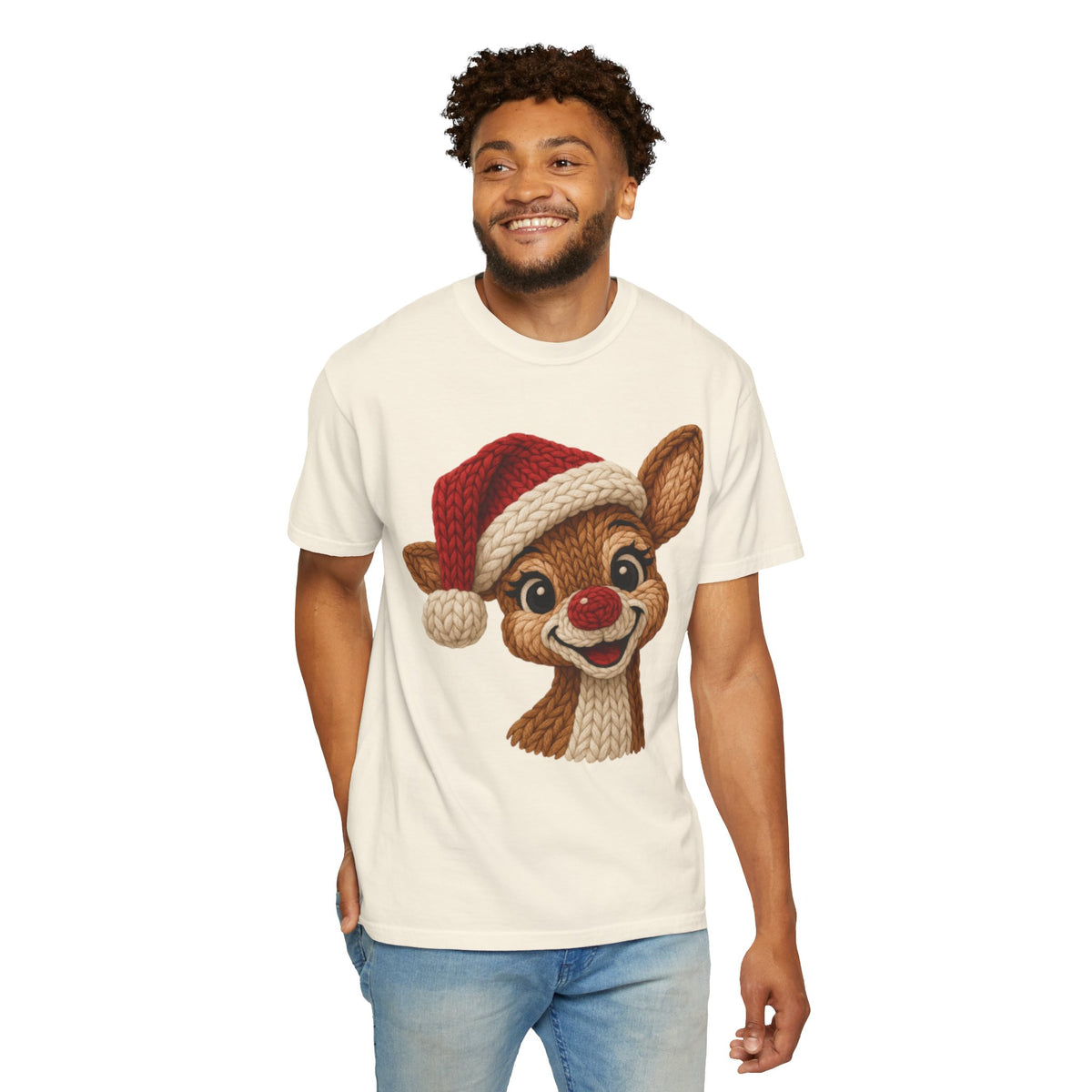 Cute Rudolph Faux Knit Look Reindeer w/Santa Hat - Comfort Colors | Trendy Women's T-Shirt. Direct to Garment. Printed & Shipped in the USA. Unisex Sizes.