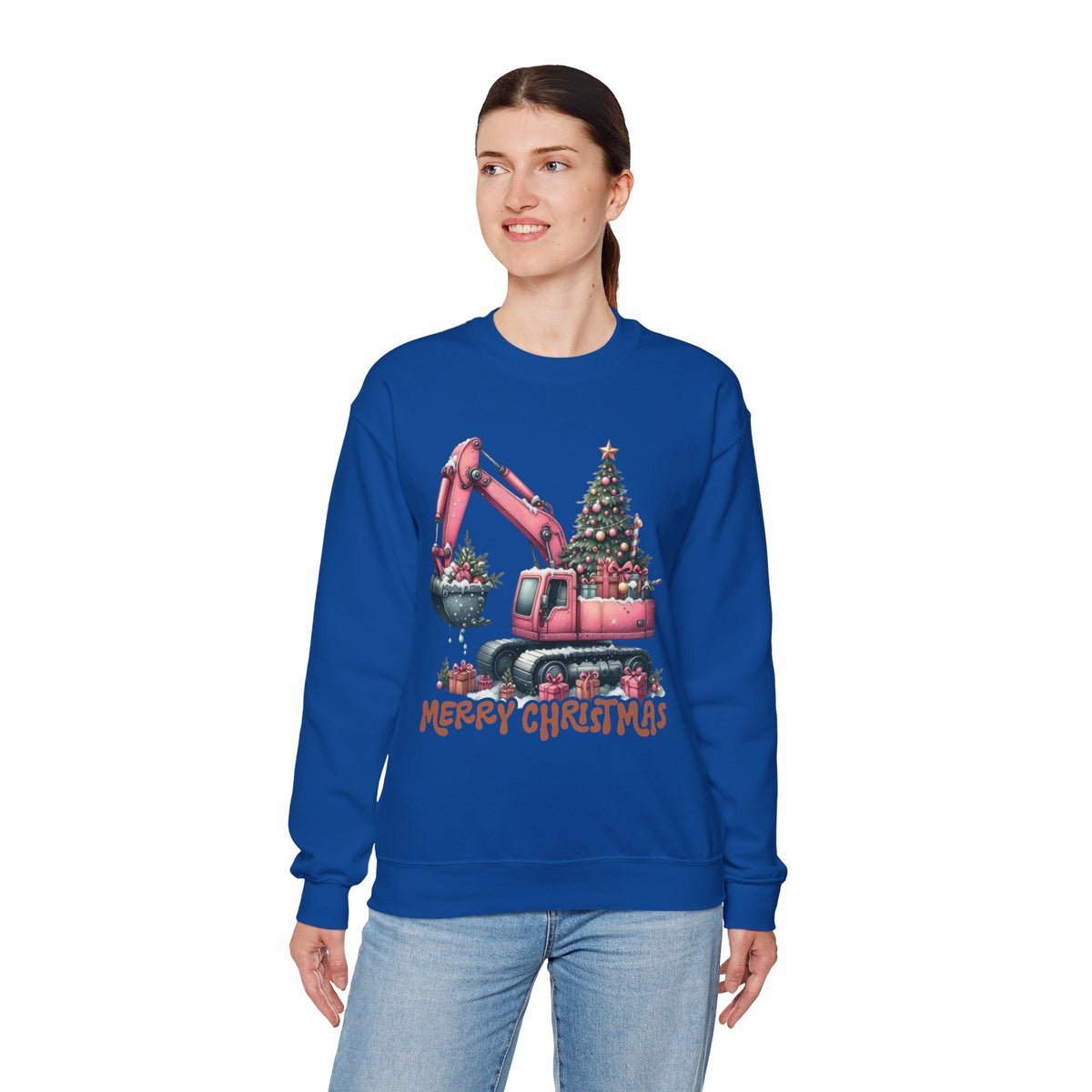 Excavator Merry Christmas Construction – Gildan Heavy Blend | Trendy Women’s Soft Sweatshirt. Direct to Garment. Printed & Shipped in the USA. Unisex Sizes.