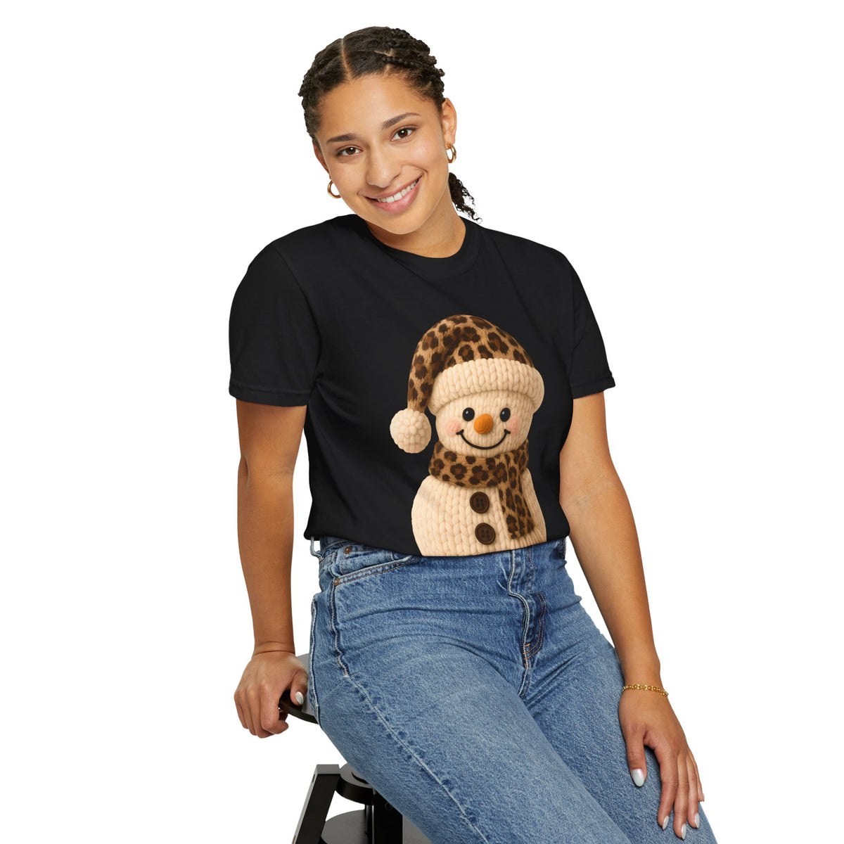 Cute Leopard Faux Knit Snowman Winter - Comfort Colors | Trendy Women's T-Shirt. Direct to Garment. Printed & Shipped in the USA. Unisex Sizes.