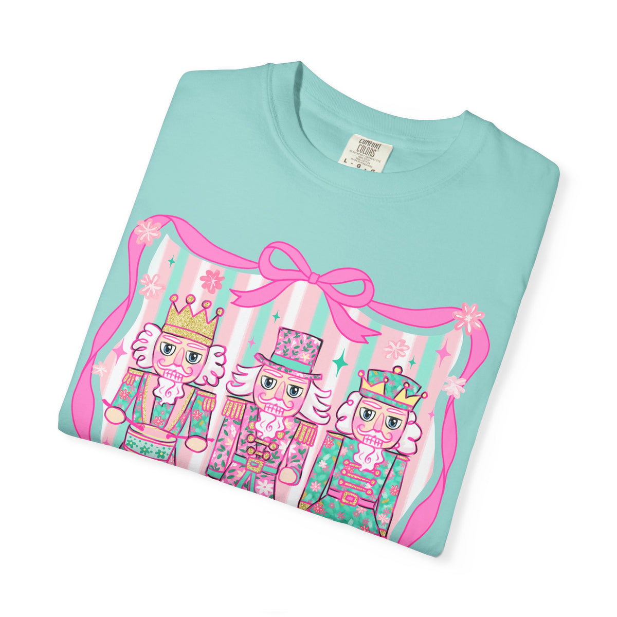 Coquette Pastel Christmas Nutcracker Trio Pink and Green - Comfort Colors | Trendy Women's T-Shirt. Direct to Garment. Printed & Shipped in the USA. Unisex Sizes.